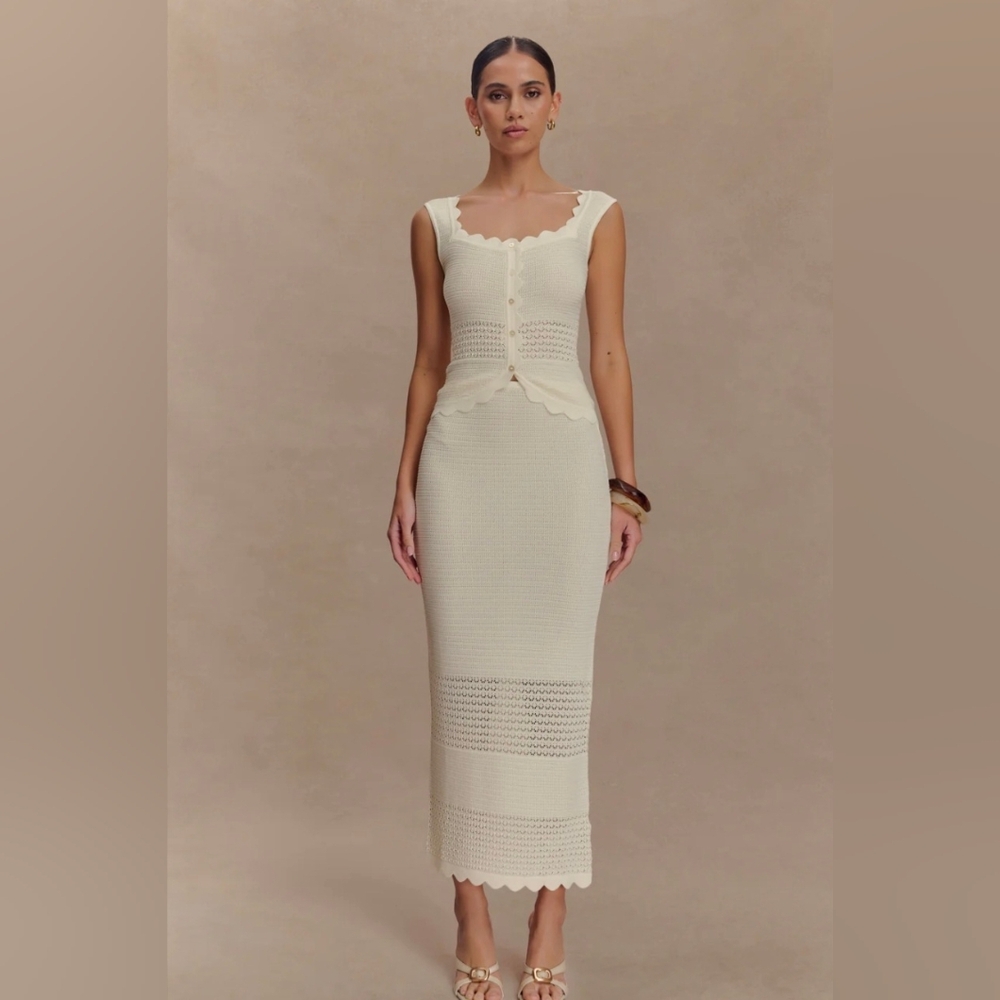 Meshki Cream Scalloped Knit Tank & Midi Skirt Set
